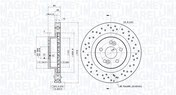 MAGNETI MARELLI Bremseskive 360406218402 perforeret 312mm 28mm for RENAULT