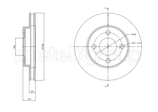 METELLI Bremseskive 231808c ventileret 238mm 22mm for NISSAN