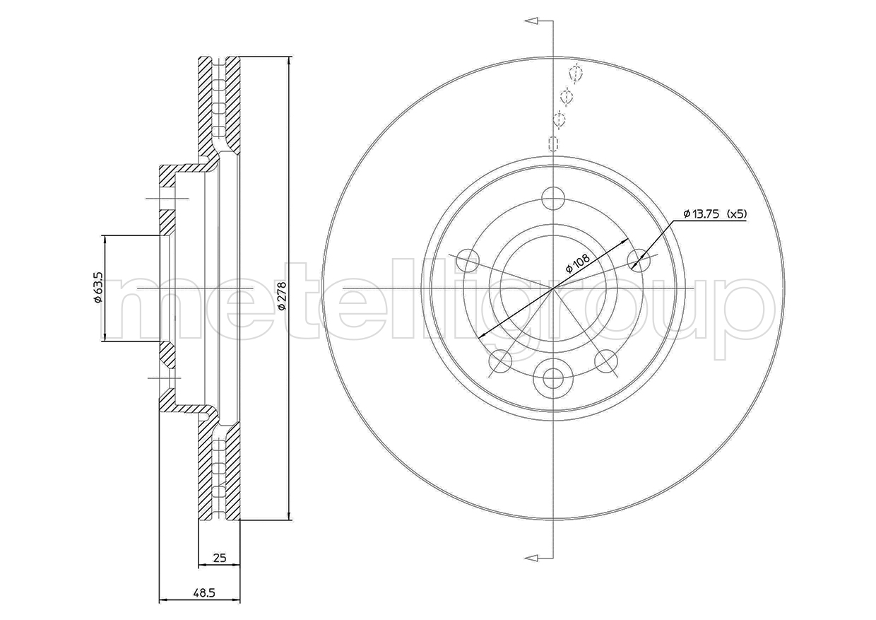 METELLI Bremseskive 231475c ventileret 278mm 25mm for VOLVO