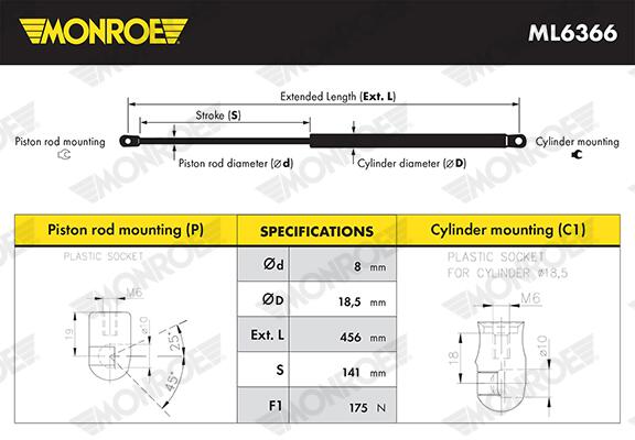 MONROE Gasfjeder, bagrude ml6366 for FORD