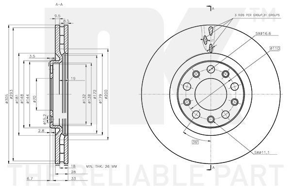NK Bremseskive 312370 ventileret 305mm 28mm for JEEP