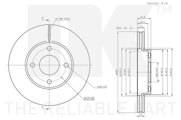NK Bremseskive 3125111 ventileret 262mm 23mm for FORD