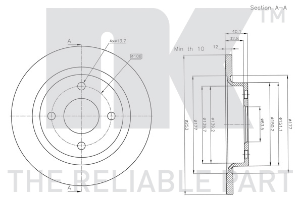 NK Bremseskive 3125112 fuld 253mm 12mm for FORD