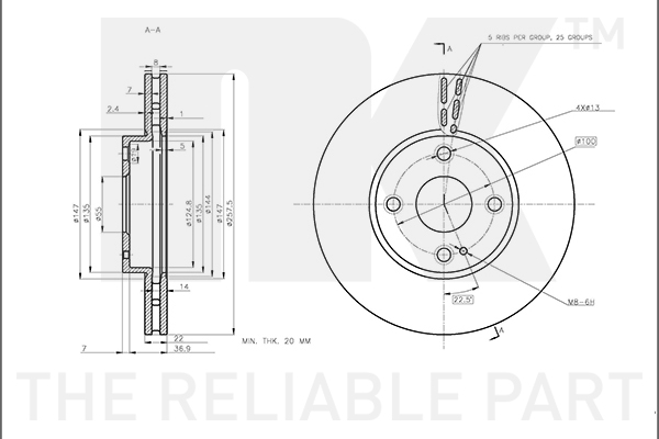NK Bremseskive 313284 ventileret 258mm 22mm for MAZDA