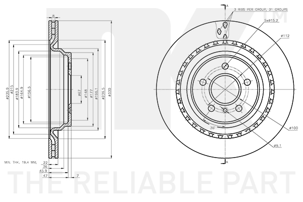 NK Bremseskive 3133145 ventileret 330mm 22mm for MERCEDES-BENZ