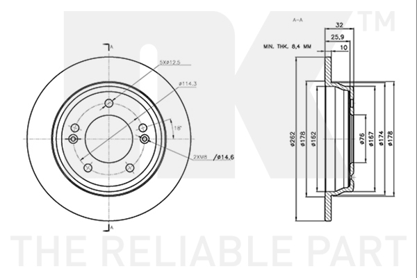 NK Bremseskive 313464 fuld 262mm 10mm for KIA