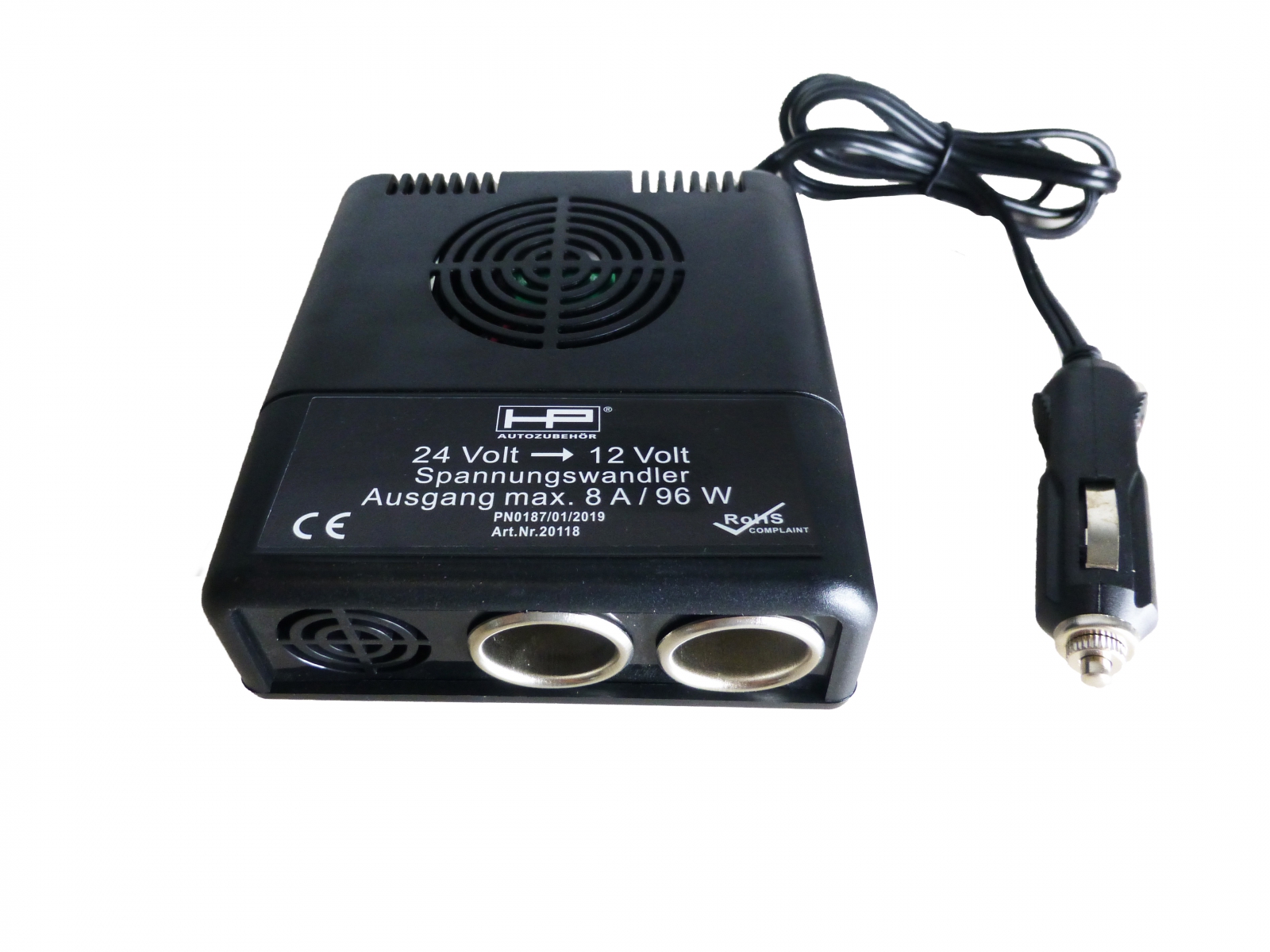 HP Autozubehör 20118 24V > 12V Spændingsomformer 96 W 1 stk (L x B x H) 11.5 mm x 11 cm x 4.5 cm Udgangsspænding=12 V Driftsspænding (num)=24 V 8 A