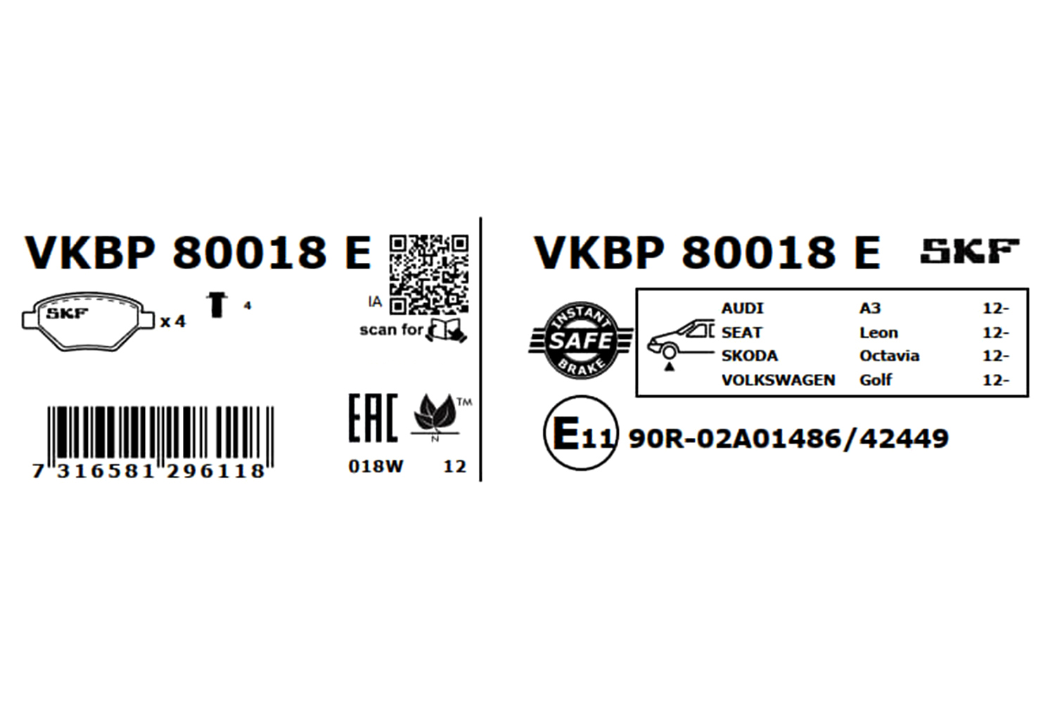 SKF Bremseklodser vkbp80018e for SEAT AUDI VW CUPRA SKODA