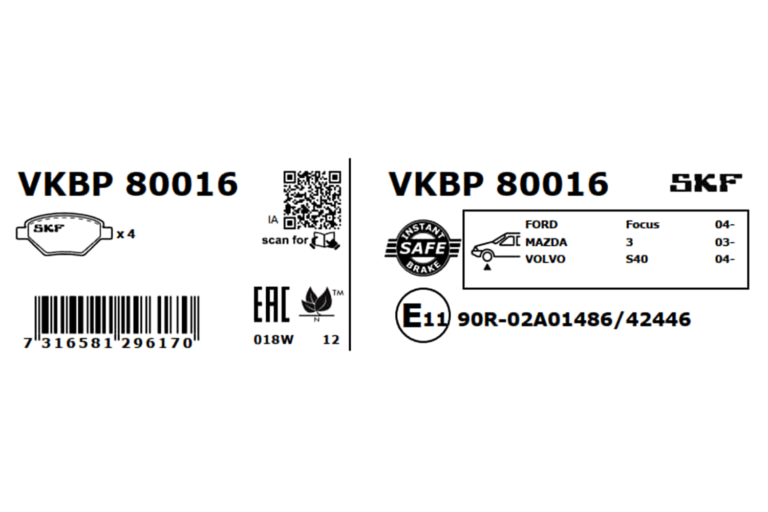 SKF Bremseklodser vkbp80016 for FORD VOLVO RENAULT MAZDA NISSAN