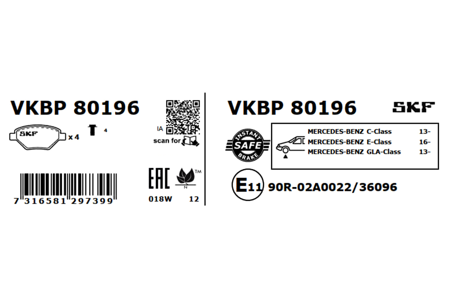 SKF Bremseklodser vkbp80196 for MERCEDES-BENZ