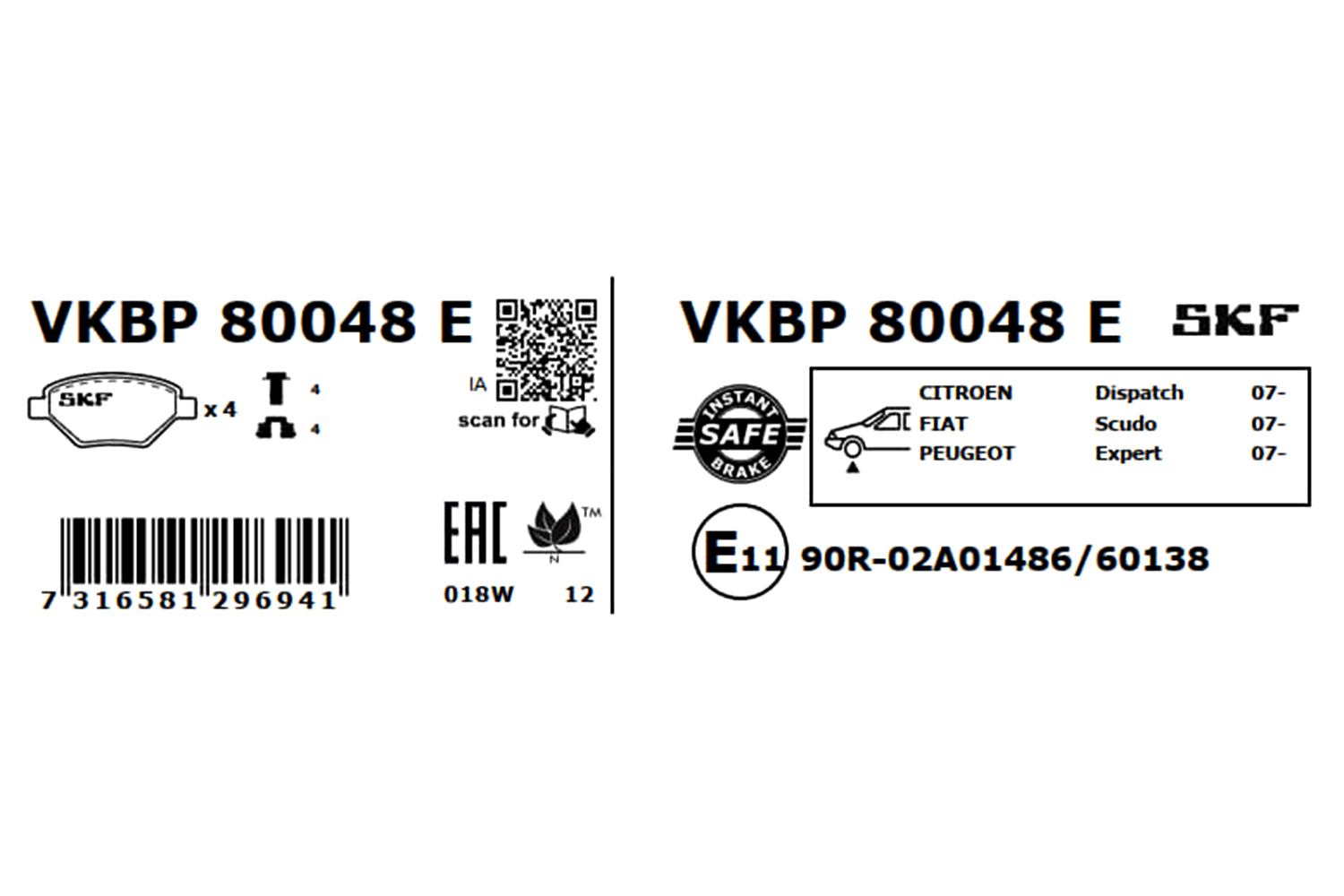 SKF Bremseklodser vkbp80048e for PEUGEOT FIAT TOYOTA