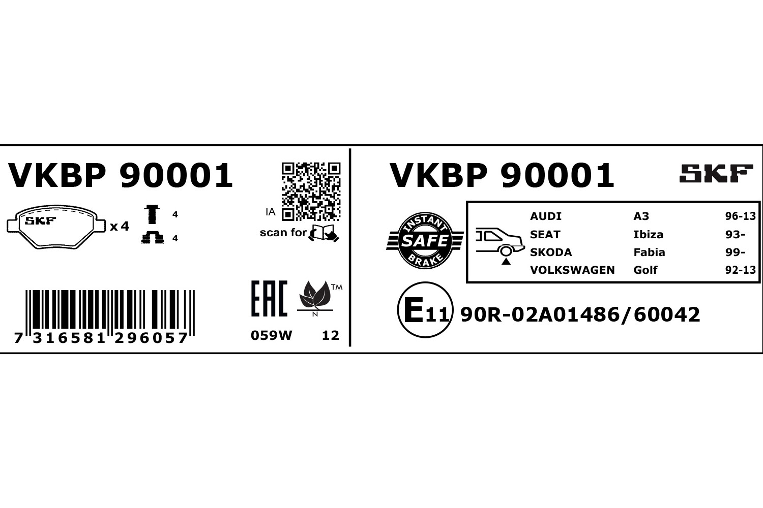 SKF Bremseklodser vkbp90001 for PEUGEOT FORD VAUXHALL MG AUDI DS CITROËN VW SKODA RENAULT