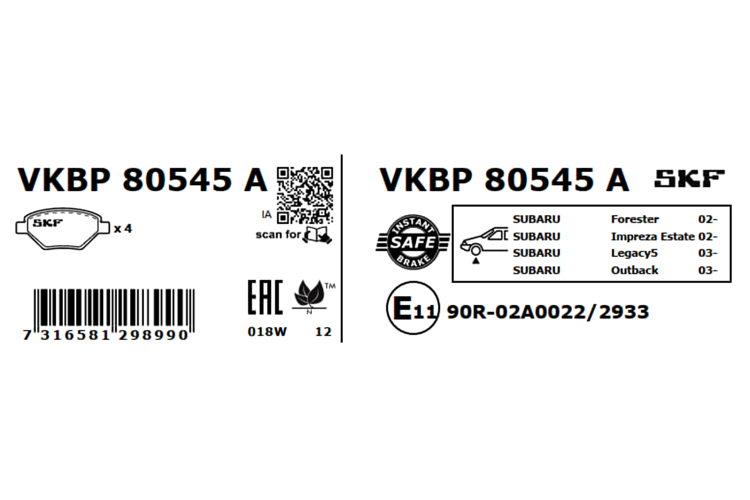 SKF Bremseklodser vkbp80545a for SAAB SUBARU