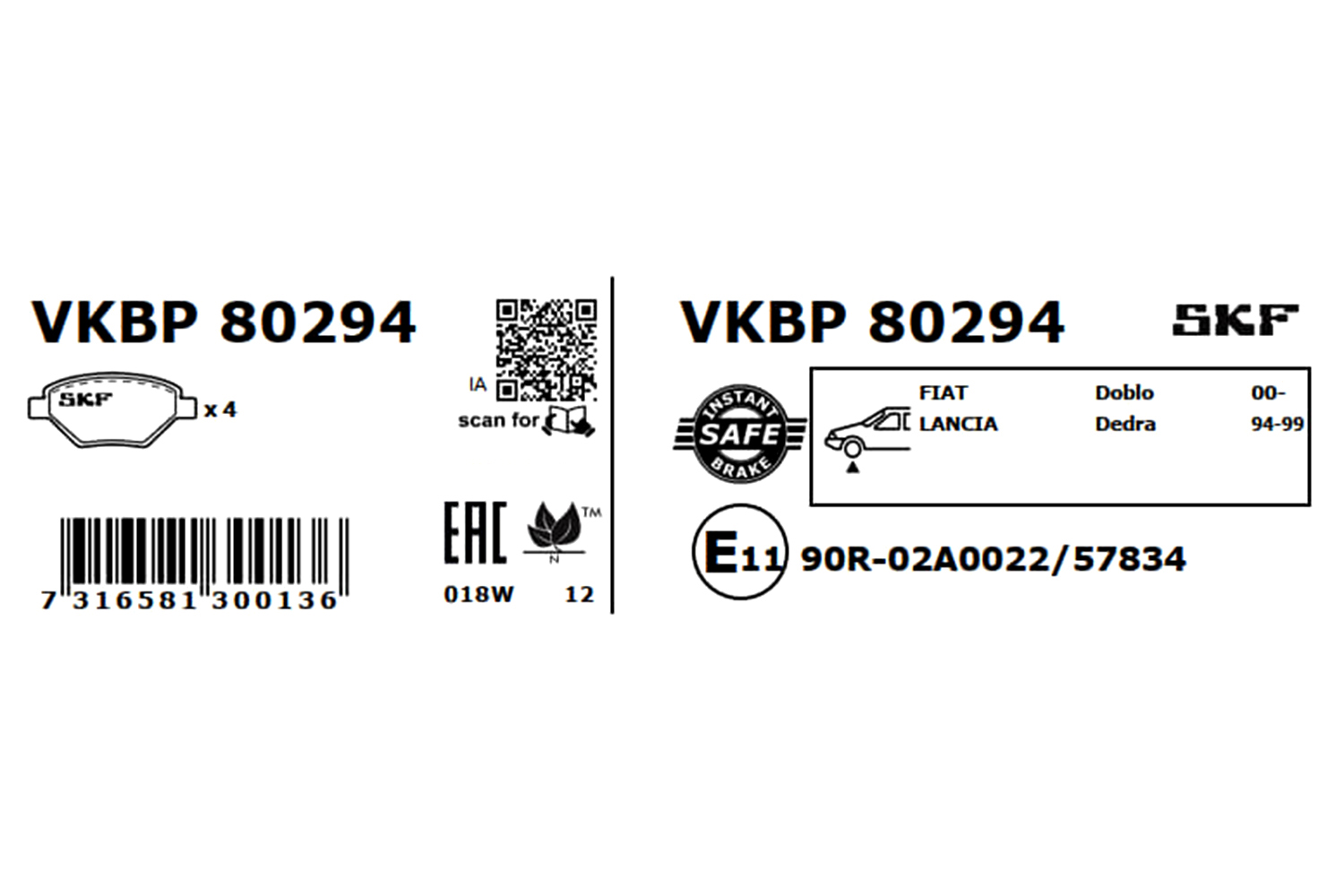 SKF Bremseklodser vkbp80294 for RENAULT DACIA