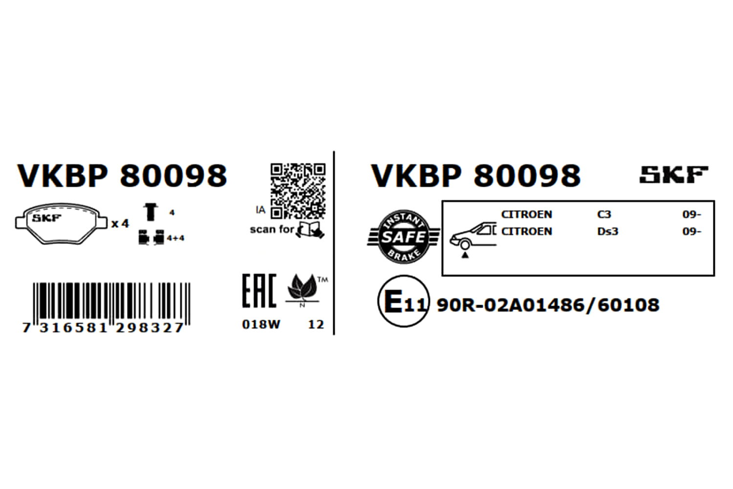 SKF Bremseklodser vkbp80098 for PEUGEOT VAUXHALL DS
