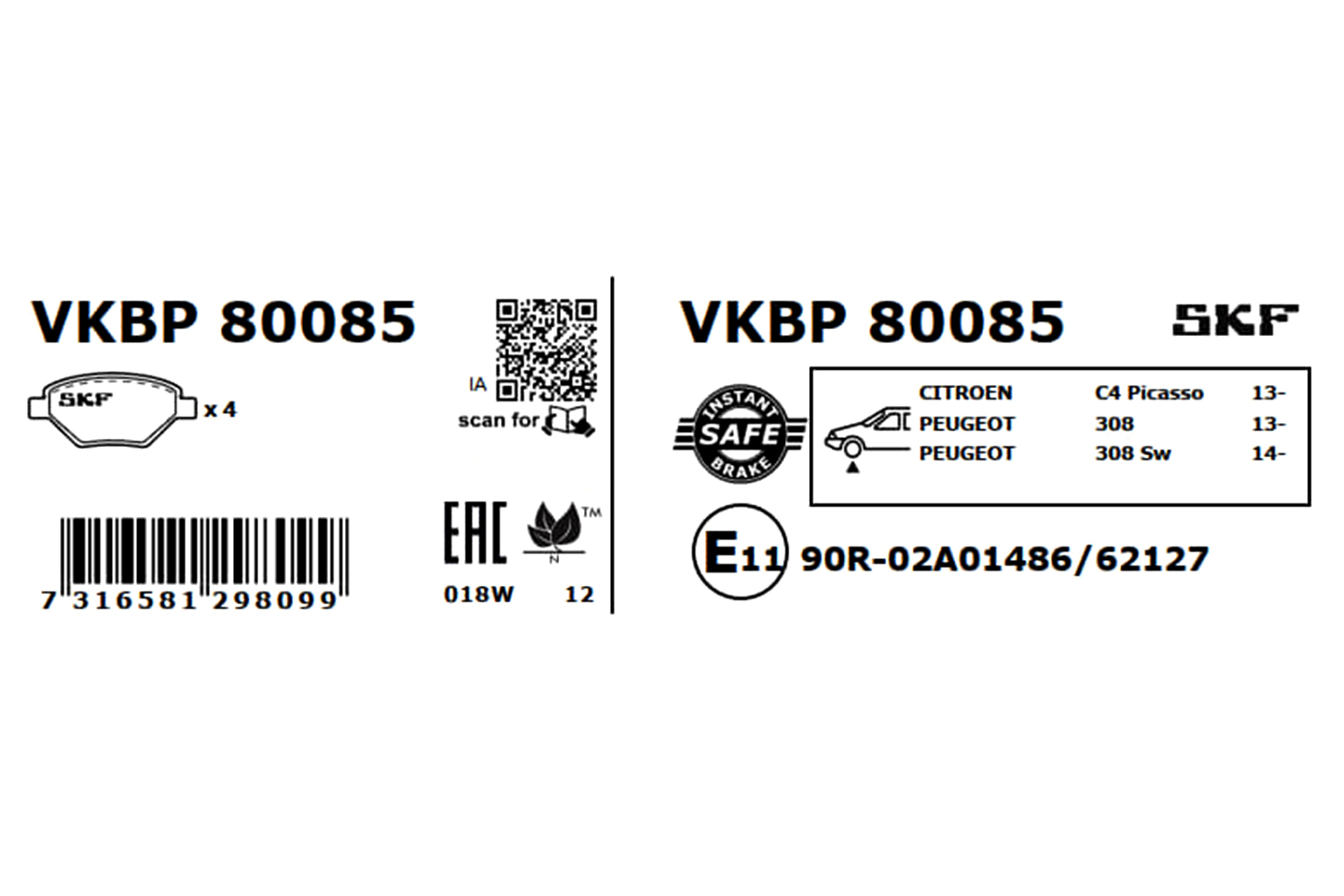 SKF Bremseklodser vkbp80085 for VAUXHALL DS