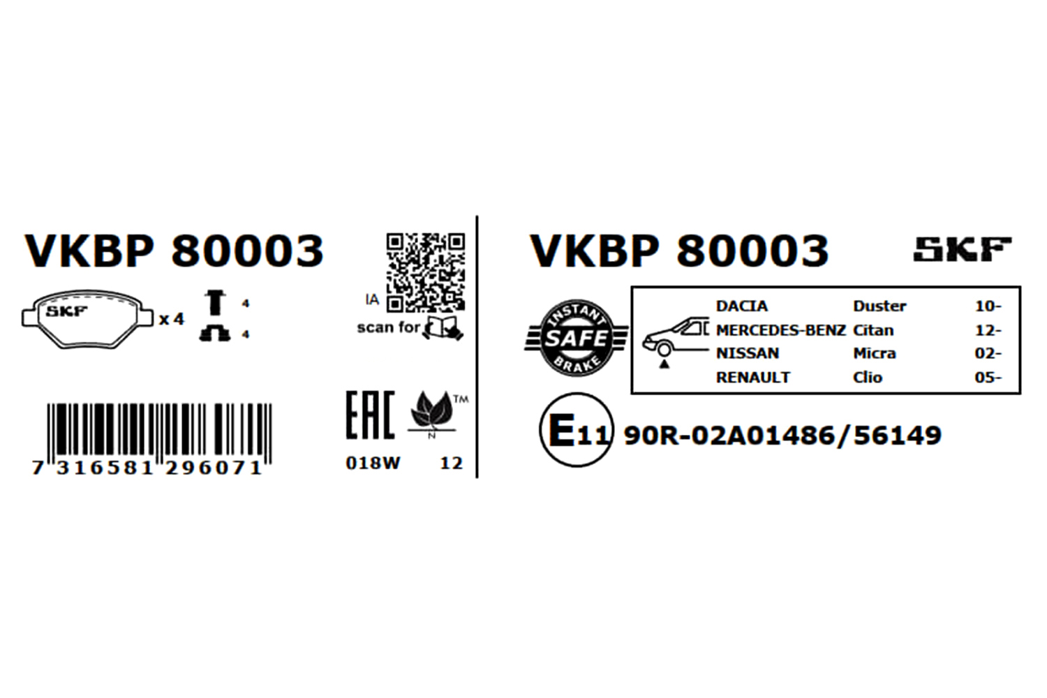 SKF Bremseklodser vkbp80003 for LADA NISSAN DACIA