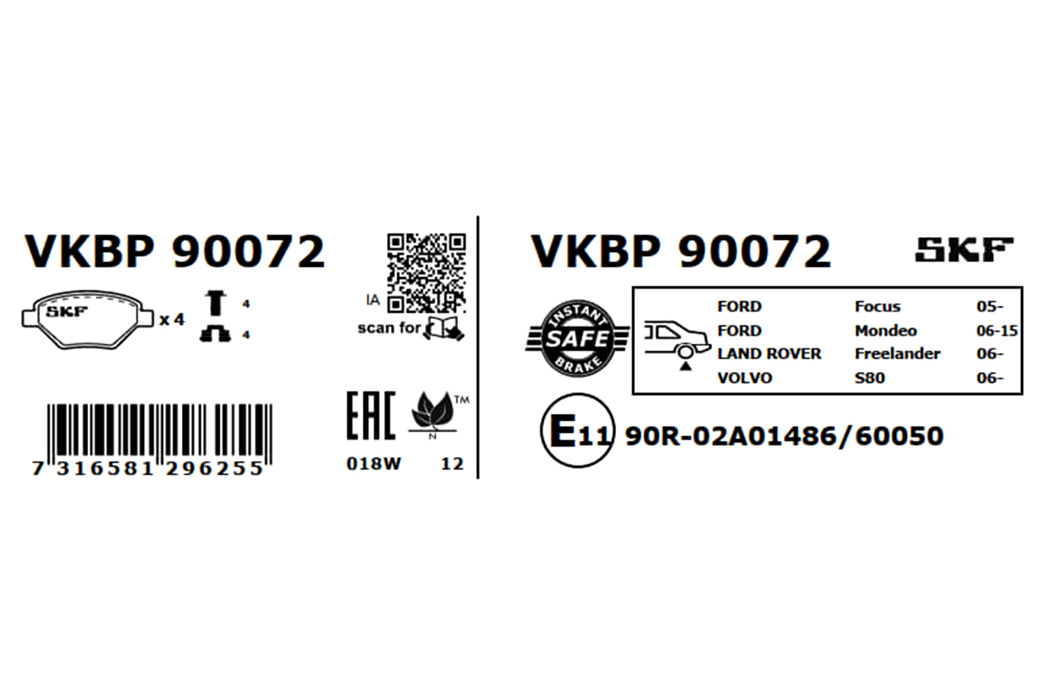 SKF Bremseklodser vkbp90072 for FORD VOLVO