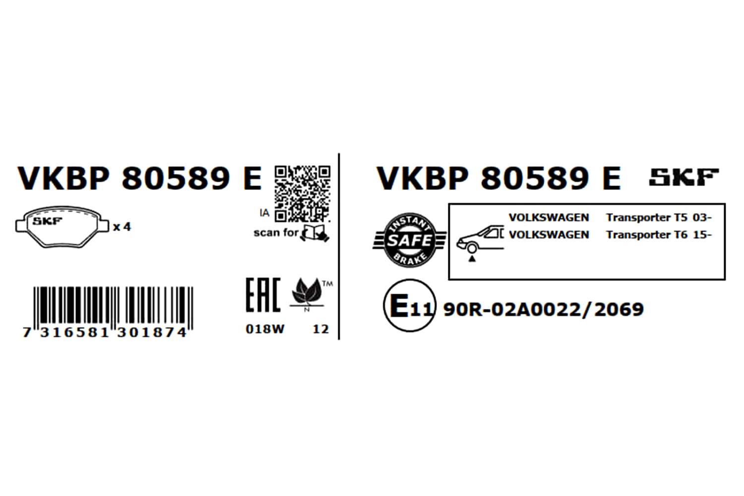 SKF Bremseklodser vkbp80589e for VW