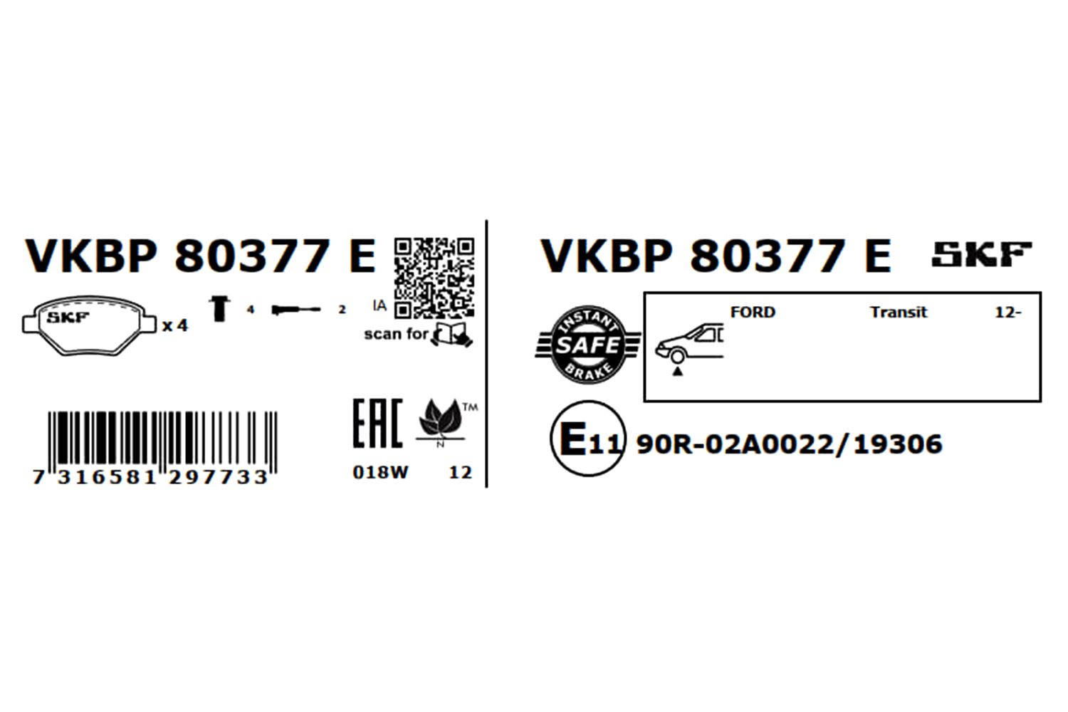 SKF Bremseklodser vkbp80377e for FORD