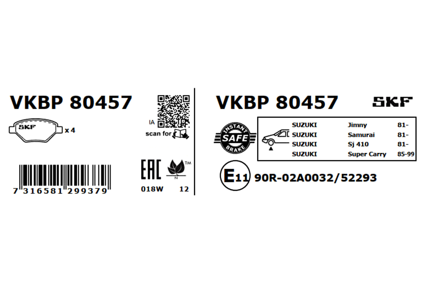SKF Bremseklodser vkbp80457 for MAZDA SUZUKI SANTANA