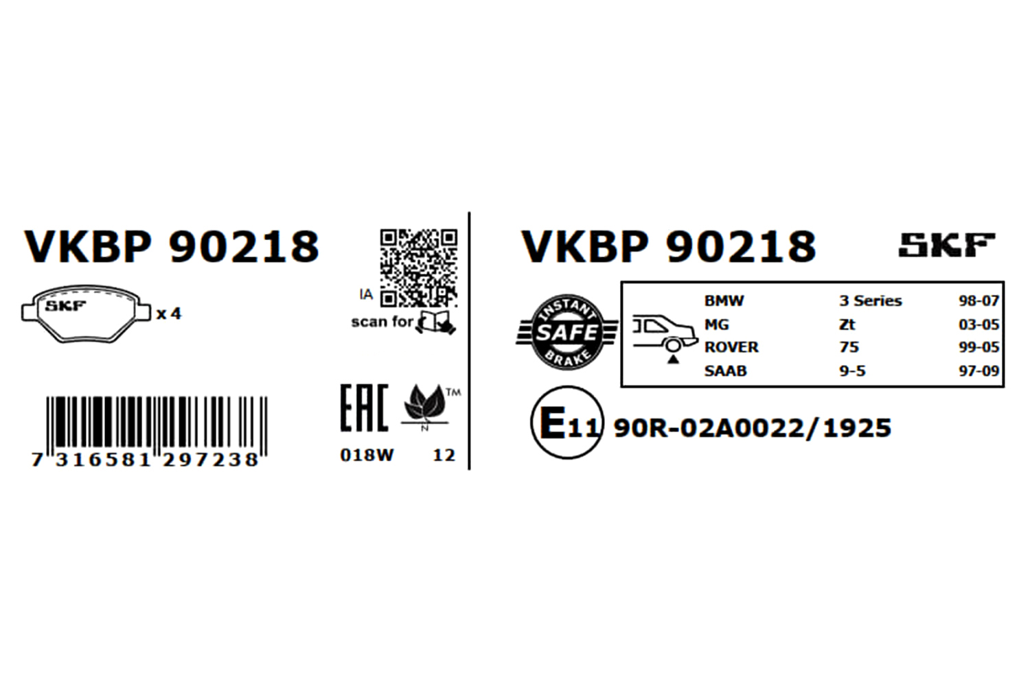 SKF Bremseklodser vkbp90218 for ROVER SAAB BMW MG