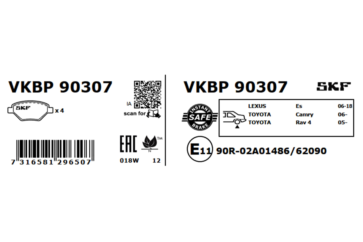 SKF Bremseklodser vkbp90307 for TOYOTA LEXUS