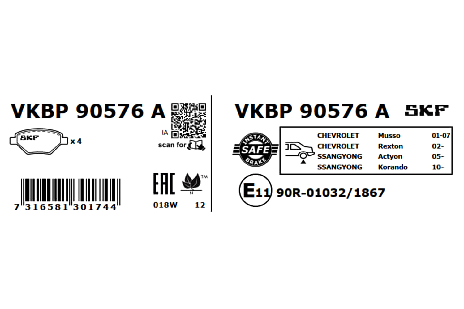 SKF Bremseklodser vkbp90576a for SSANGYONG DAEWOO