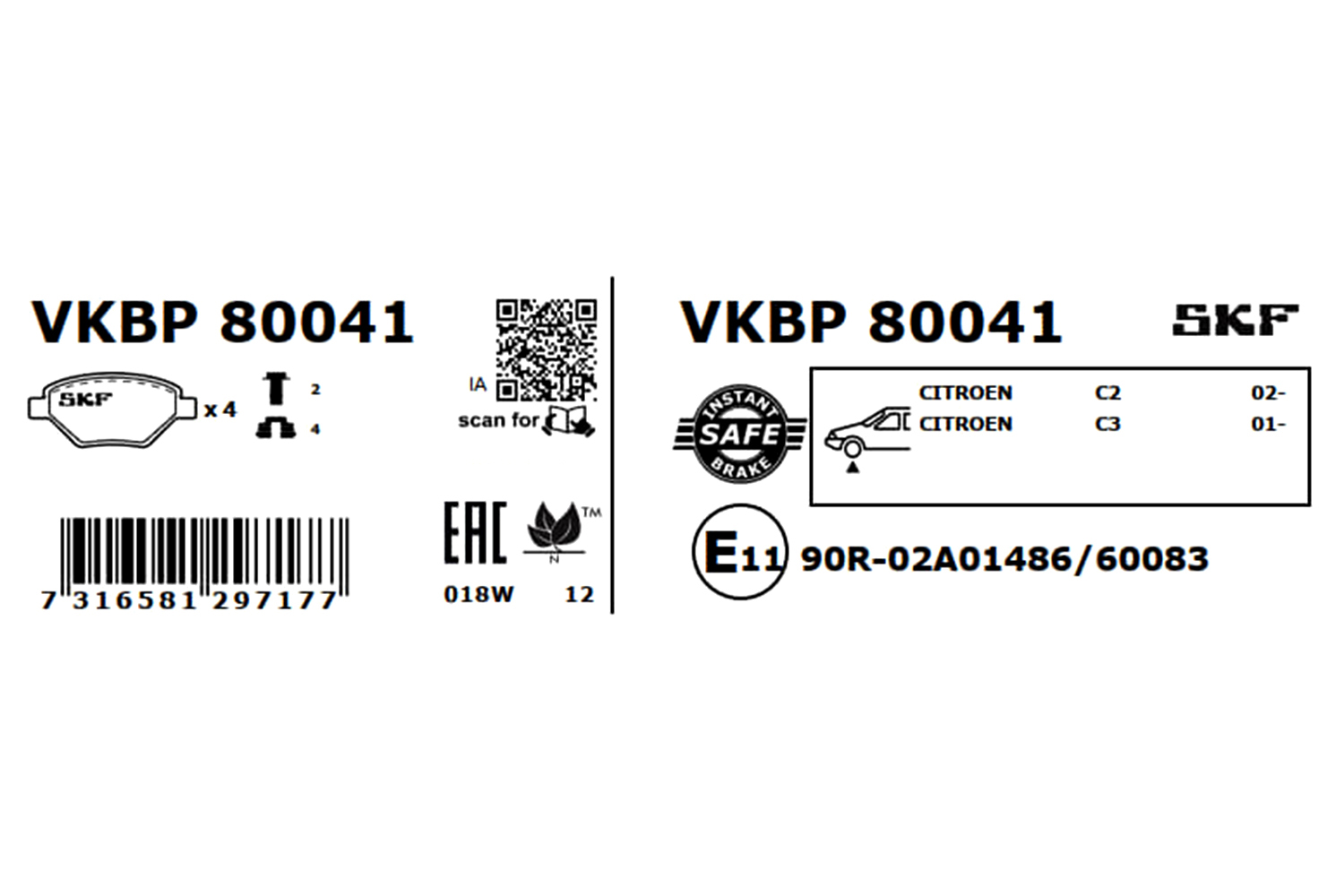 SKF Bremseklodser vkbp80041 for CITROËN