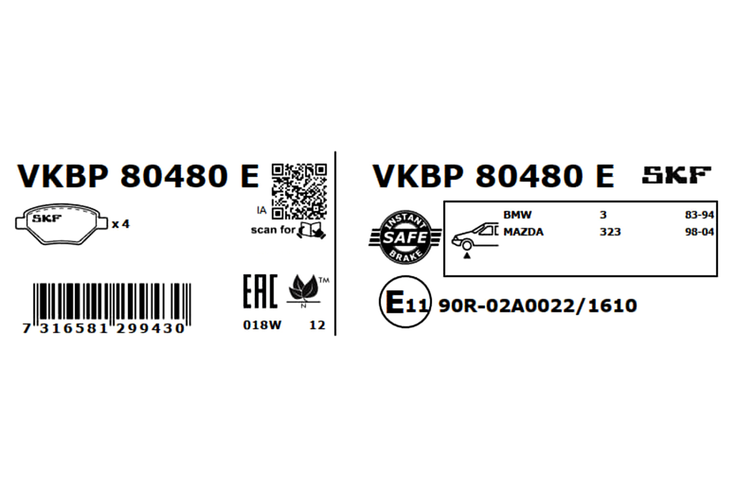 SKF Bremseklodser vkbp80480e for BMW