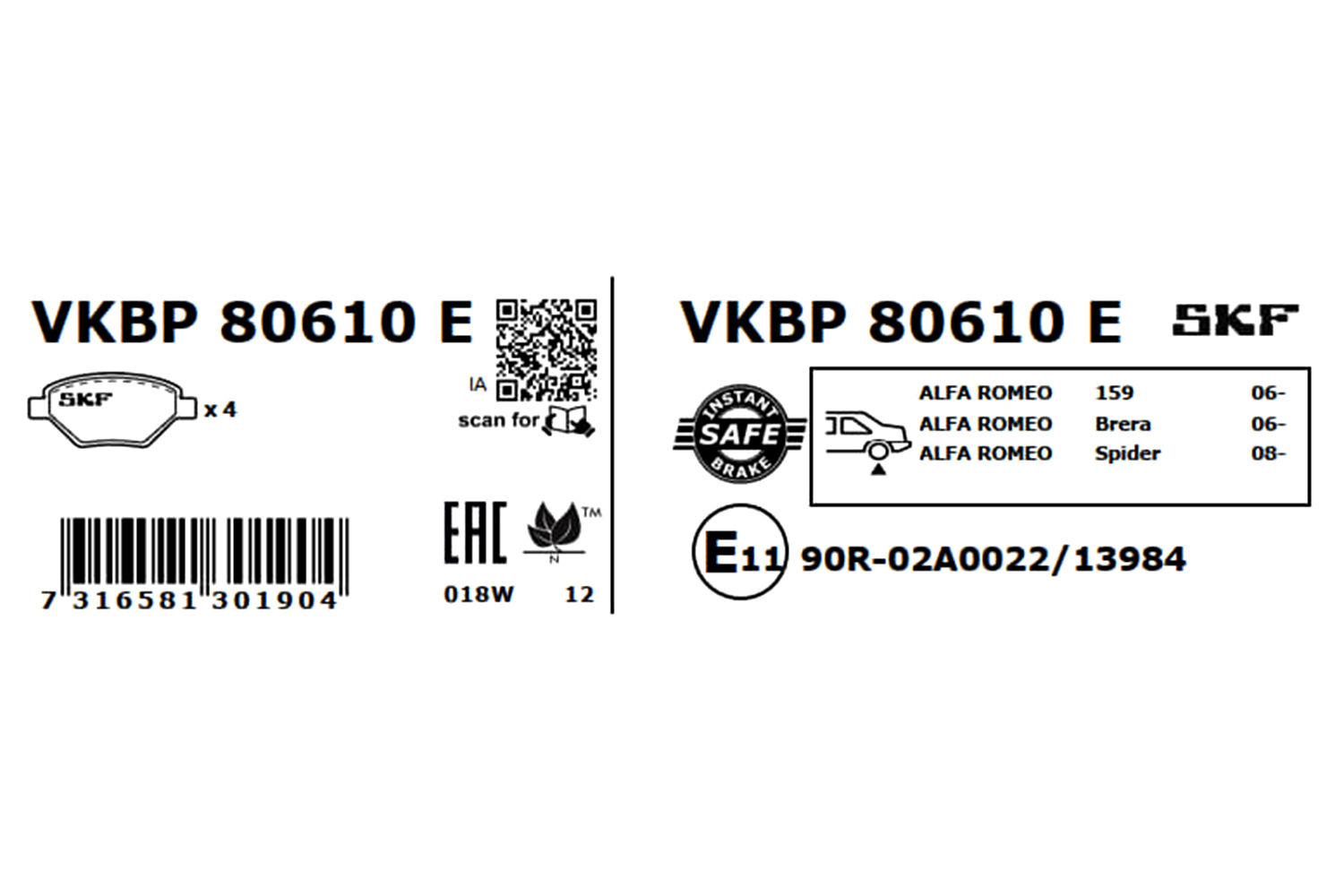 SKF Bremseklodser vkbp80610e for ALFA ROMEO