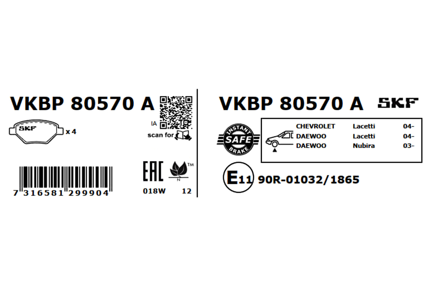 SKF Bremseklodser vkbp80570a for CHEVROLET DAEWOO