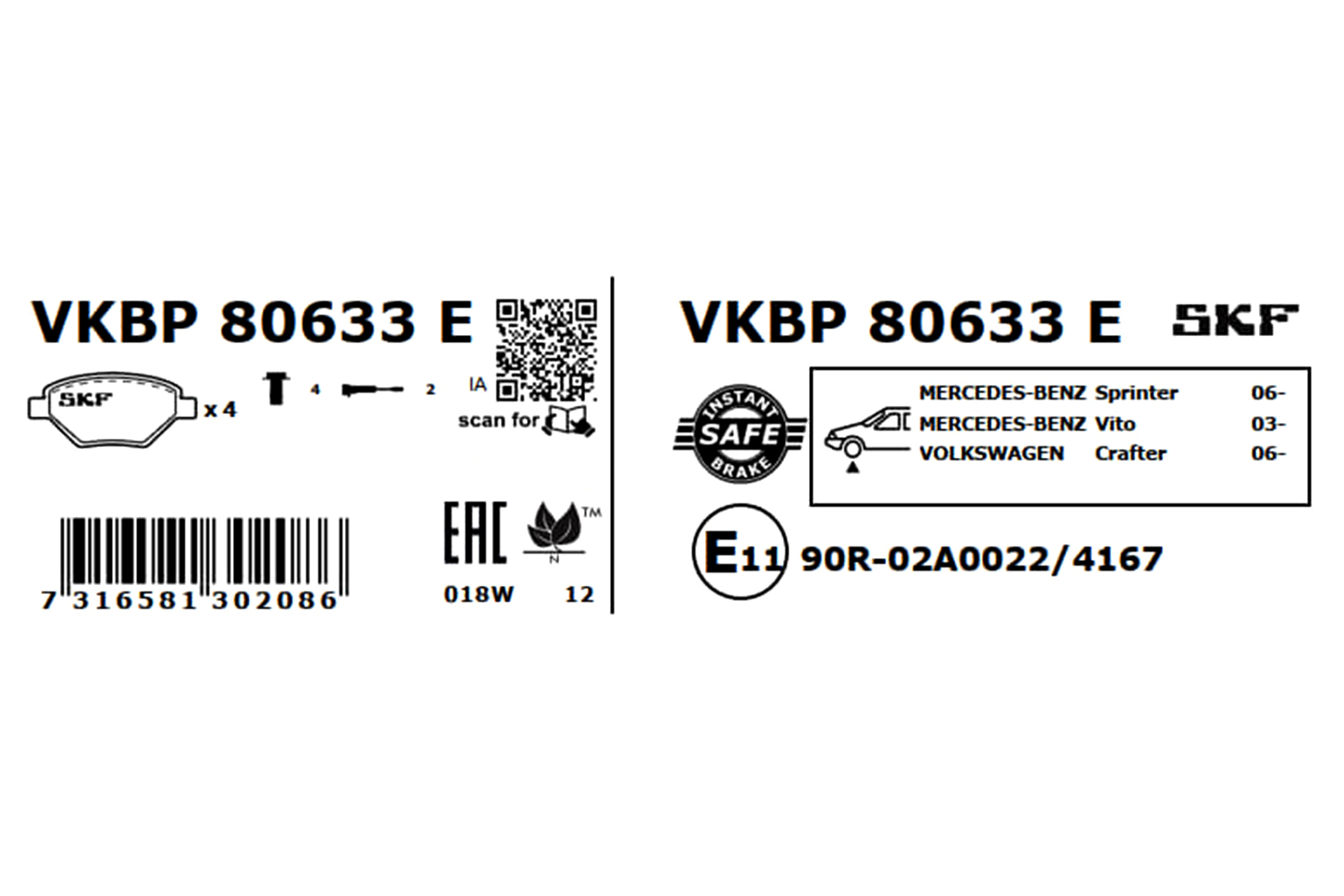 SKF Bremseklodser vkbp80633e for MERCEDES-BENZ VW