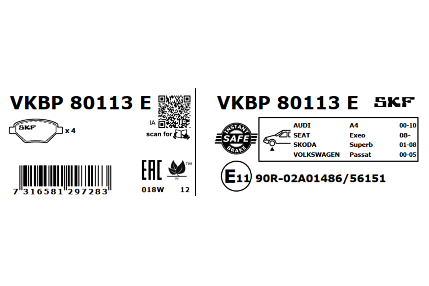 SKF Bremseklodser vkbp80113e for SKODA VW SEAT AUDI