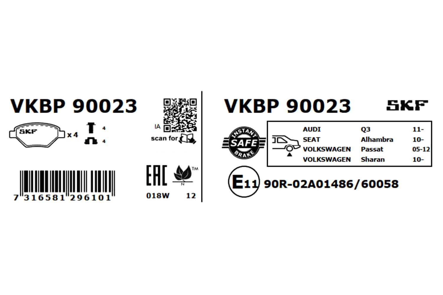 SKF Bremseklodser vkbp90023 for VW AUDI SEAT GREAT WALL