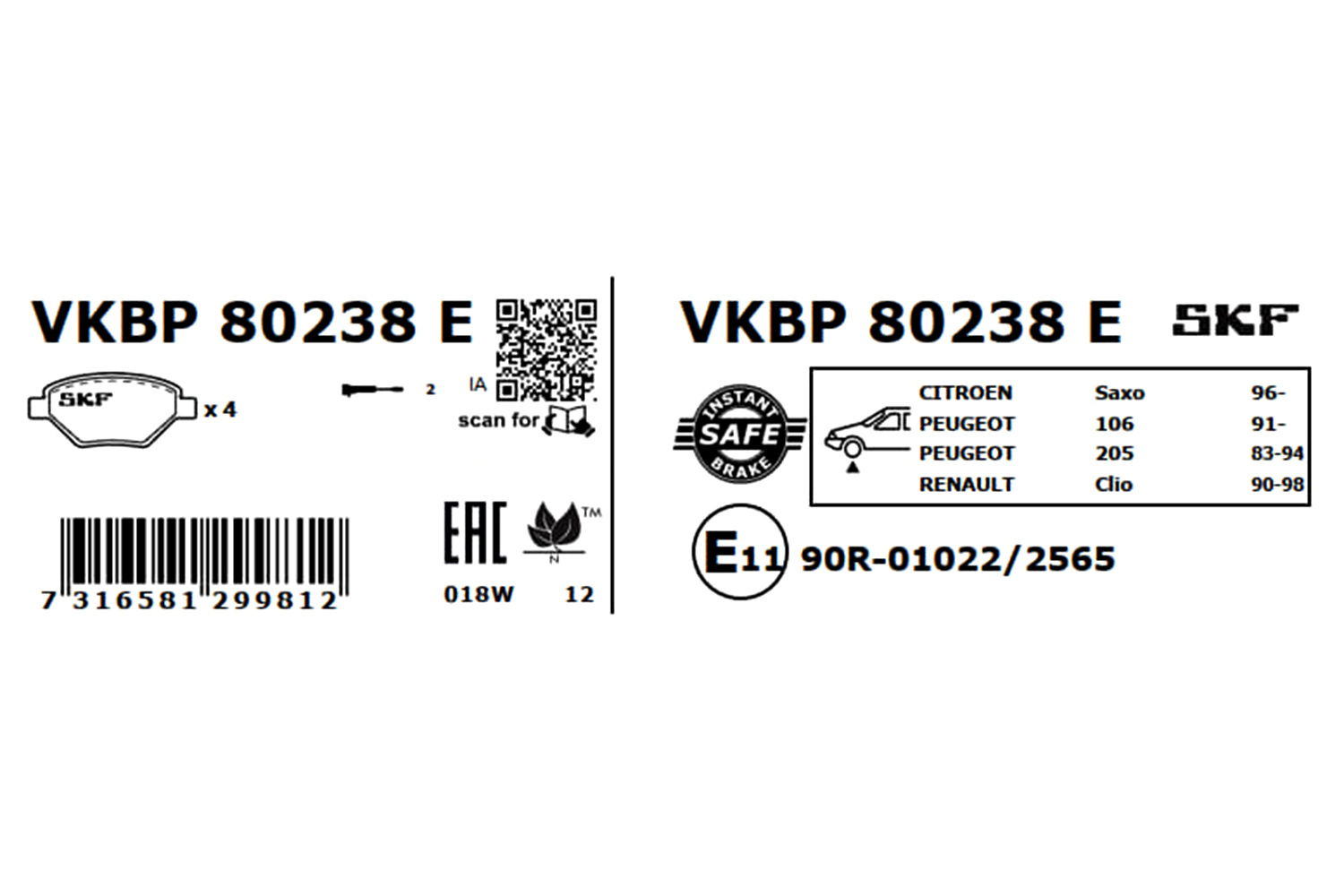 SKF Bremseklodser vkbp80238e for PEUGEOT CITROËN RENAULT