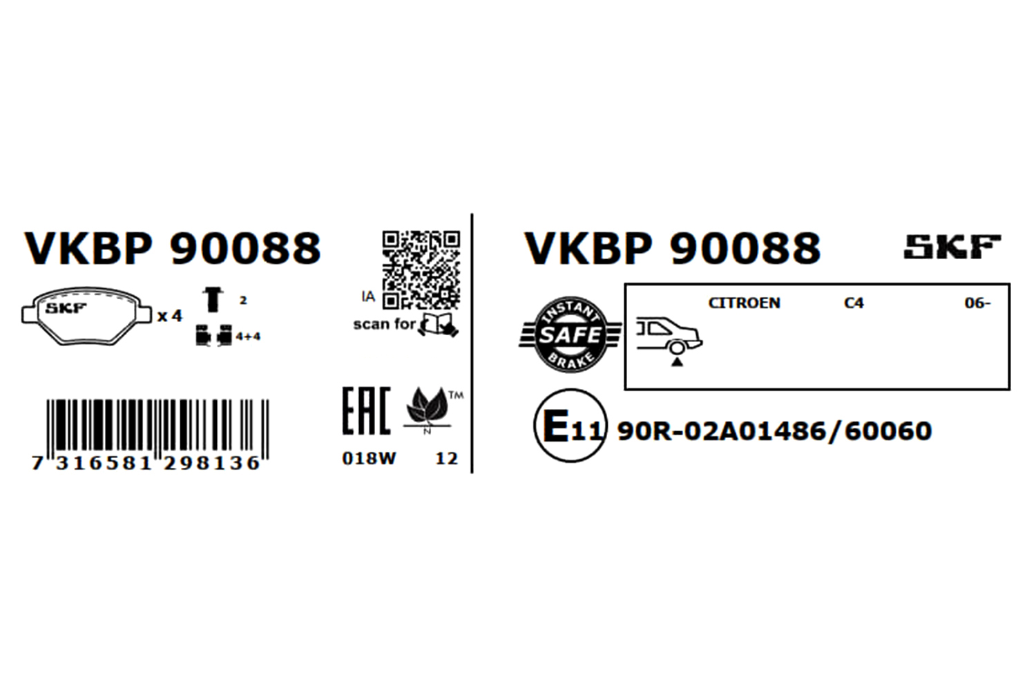 SKF Bremseklodser vkbp90088 for PEUGEOT CITROËN