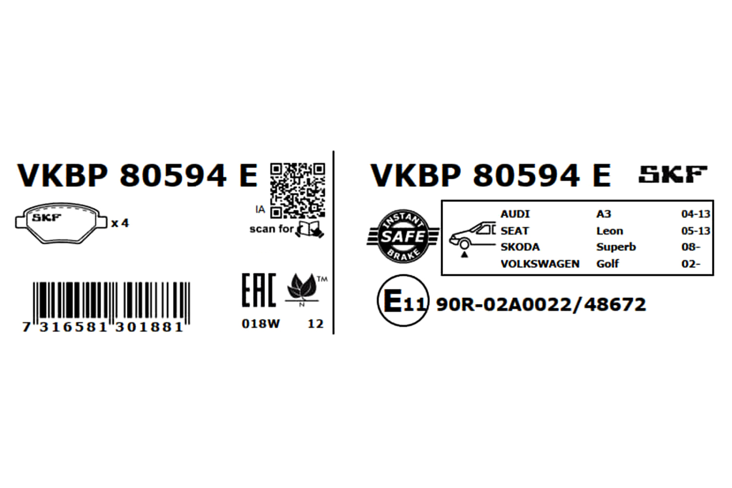 SKF Bremseklodser vkbp80594e for VW