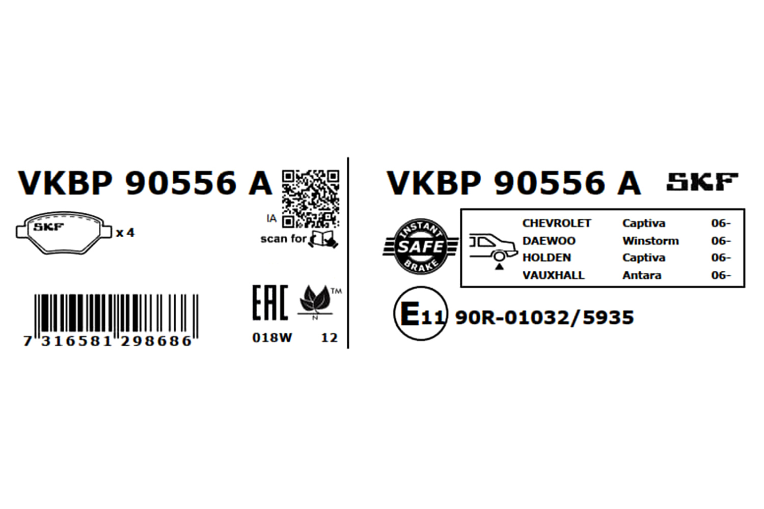 SKF Bremseklodser vkbp90556a for OPEL CHEVROLET PONTIAC SATURN VAUXHALL