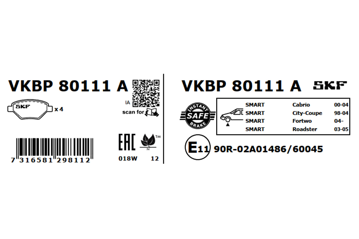SKF Bremseklodser vkbp80111a for MERCEDES-BENZ SMART