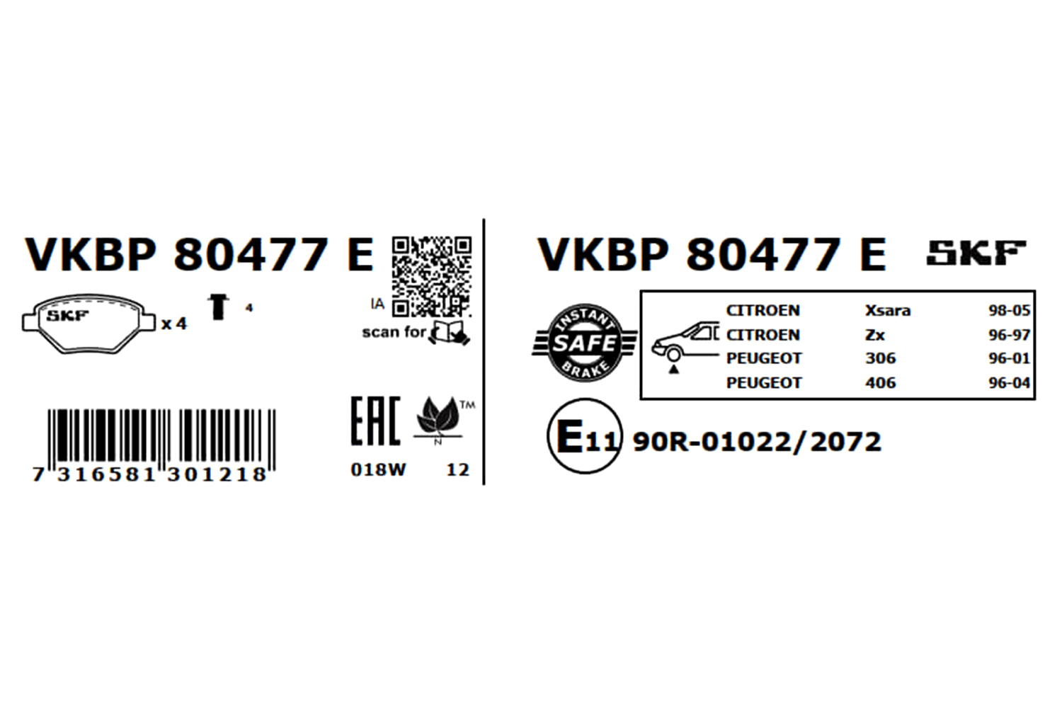 SKF Bremseklodser vkbp80477e for PEUGEOT CITROËN