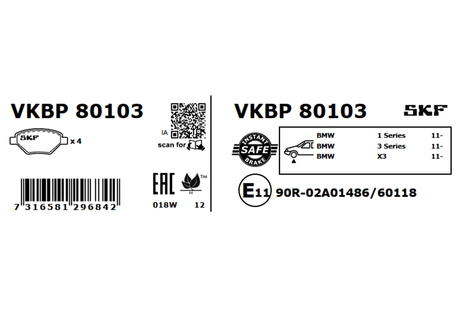 SKF Bremseklodser vkbp80103 for BMW