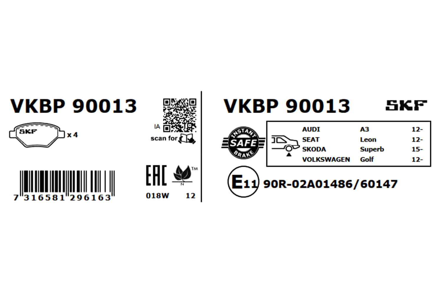 SKF Bremseklodser vkbp90013 for VW AUDI SKODA