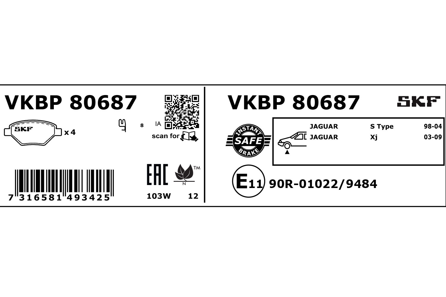 SKF Bremseklodser vkbp80687 for JAGUAR