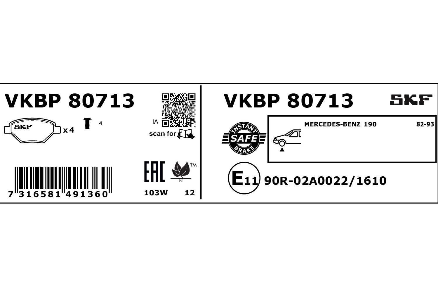 SKF Bremseklodser vkbp80713 for MERCEDES-BENZ