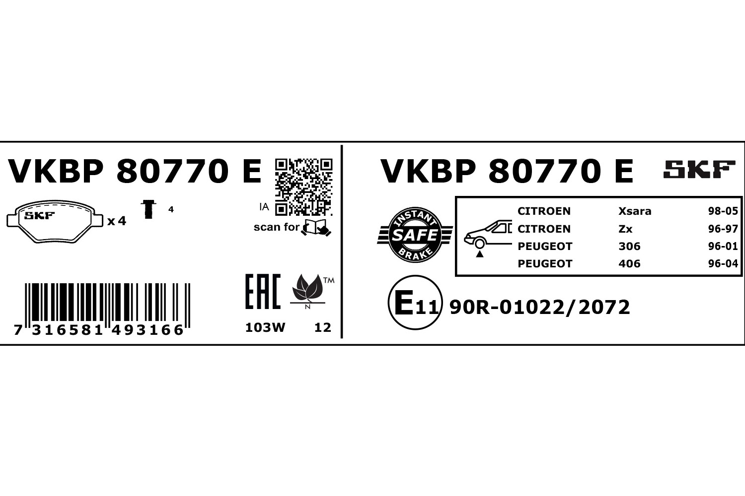 SKF Bremseklodser vkbp80770e for PEUGEOT CITROËN