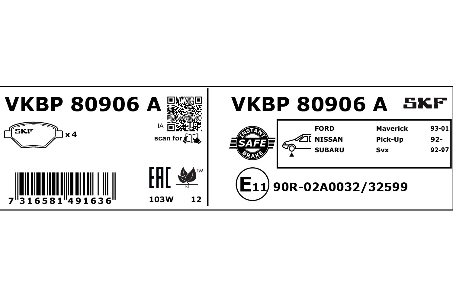 SKF Bremseklodser vkbp80906a for SUBARU NISSAN