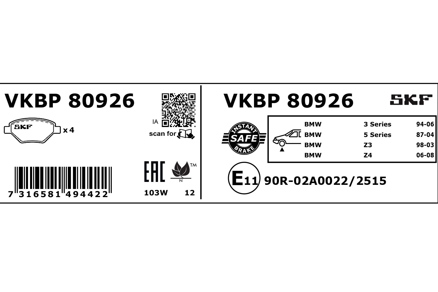 SKF Bremseklodser vkbp80926 for BMW