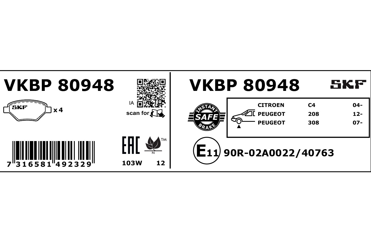 SKF Bremseklodser vkbp80948 for PEUGEOT CITROËN