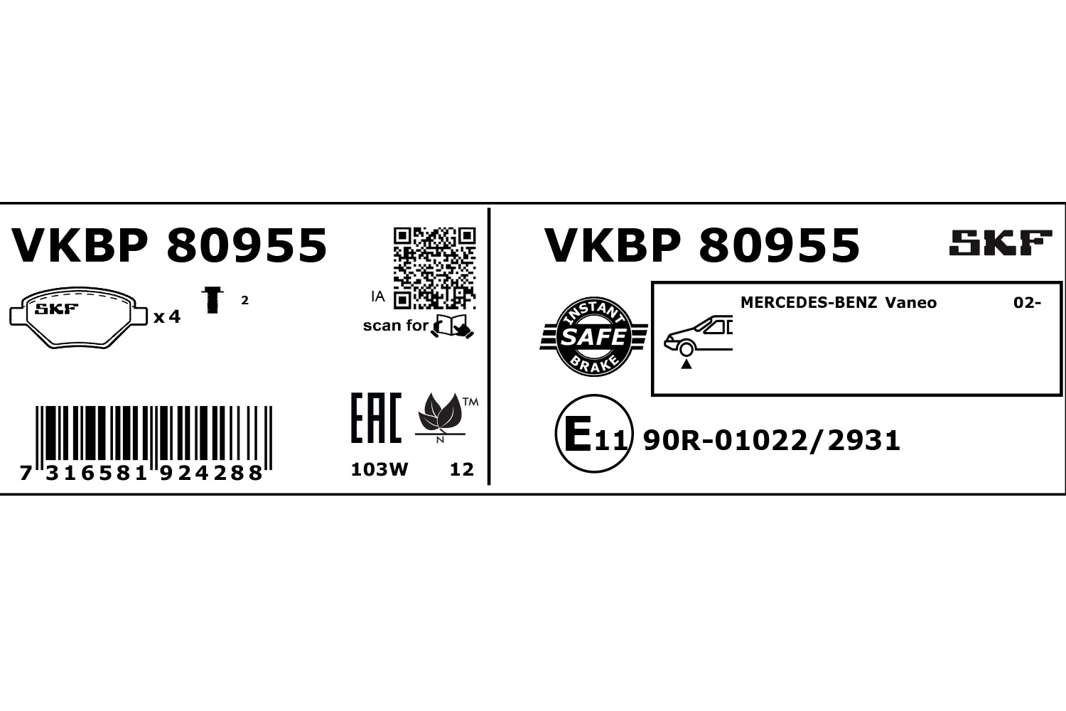 SKF Bremseklodser vkbp80955 for MERCEDES-BENZ
